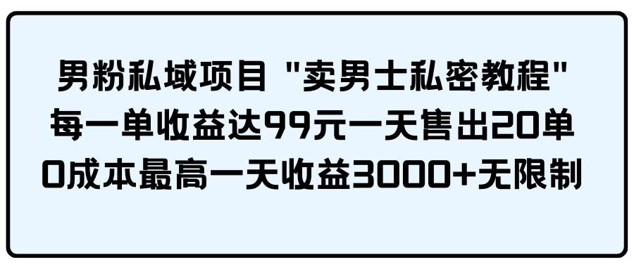男粉私域项目 卖男士私密教程 每一单收益达99元一天售出20单-锦晨科技网