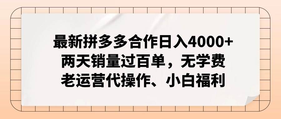 最新拼多多合作日入4000+两天销量过百单，无学费、老运营代操作、小白福利-锦晨科技网